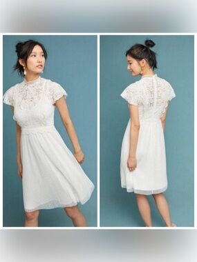 Anthropologie Feather & Bone Greenwich Lace Pleated Dress White Size 2